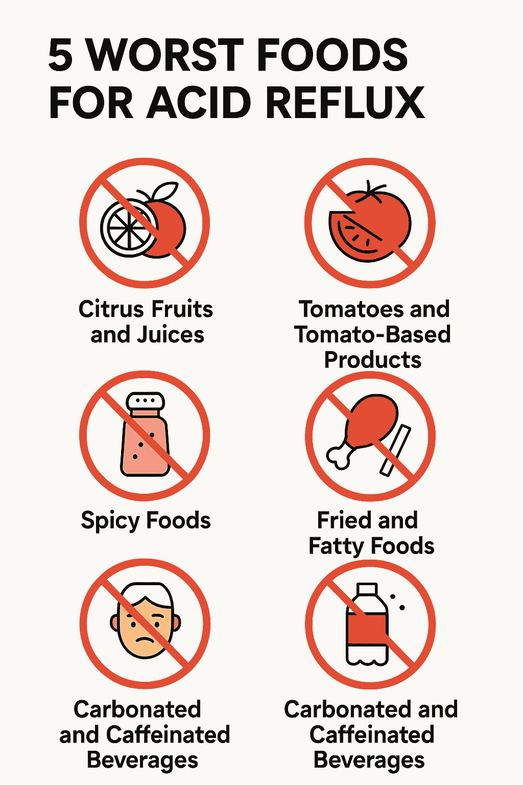 Infographic of six foods and drinks triggering acid reflux, like citrus, tomatoes, and spicy foods.